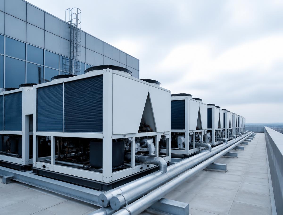 Rooftop chiller units on a commercial building